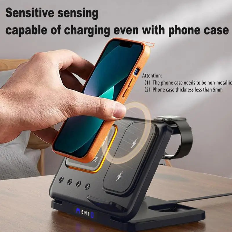 15W Wireless Chargers Stand 5 In1 LED Digital Alarm Clock Fast Charging Dock Station For iPhone 15 14 iWatch 8 SamsungS21 S20