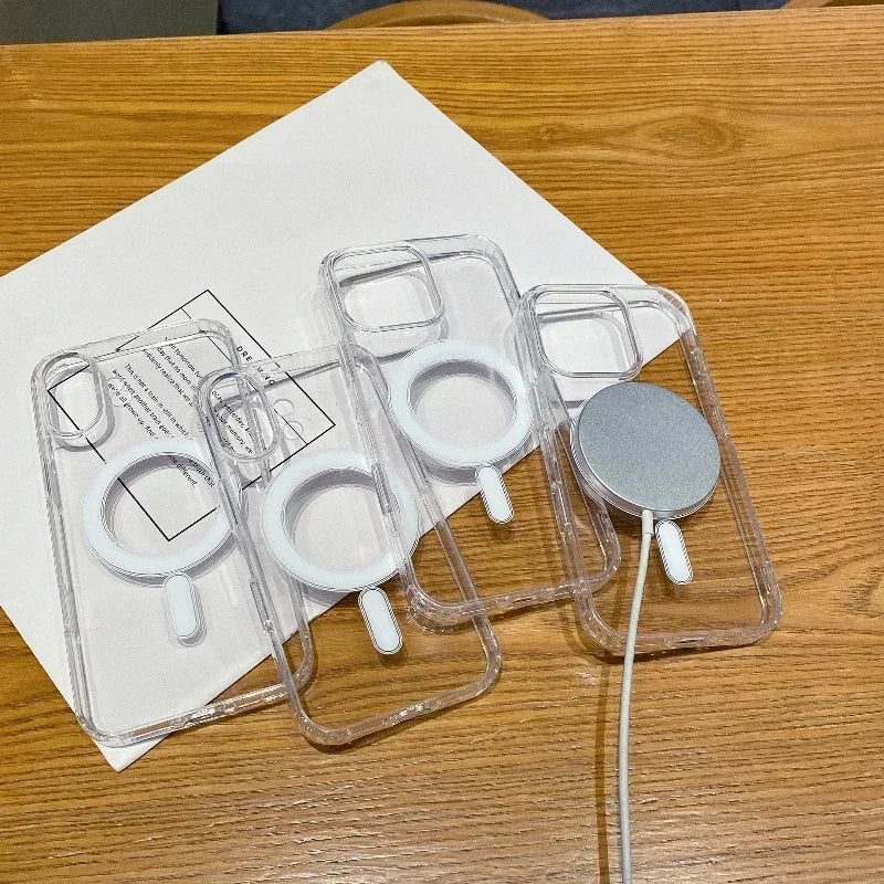 Transparent PC Phone Case For iPhone 16 15 14 13 14 11 Pro Max Plus Magsafe Magnetic Wireless Charge Cover Shockproof Bumper 