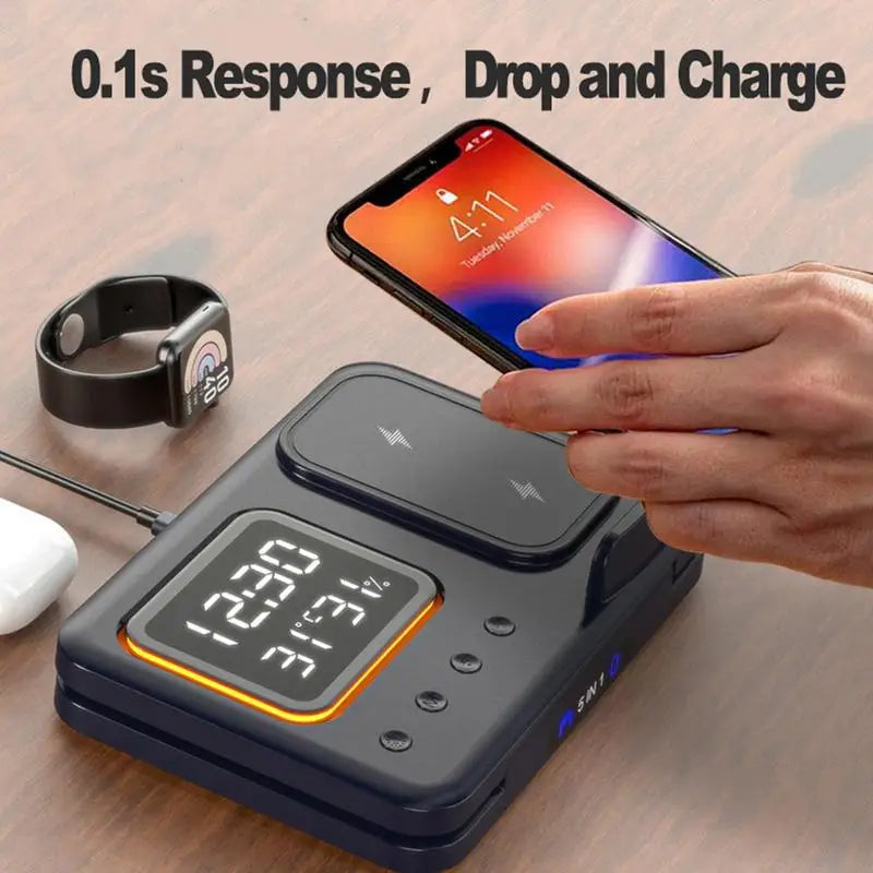 15W Wireless Chargers Stand 5 In1 LED Digital Alarm Clock Fast Charging Dock Station For iPhone 15 14 iWatch 8 SamsungS21 S20 
