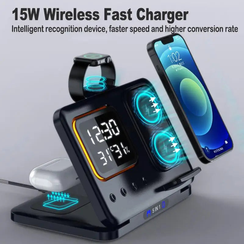 15W Wireless Chargers Stand 5 In1 LED Digital Alarm Clock Fast Charging Dock Station For iPhone 15 14 iWatch 8 SamsungS21 S20 