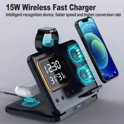 15W Wireless Chargers Stand 5 In1 LED Digital Alarm Clock Fast Charging Dock Station For iPhone 15 14 iWatch 8 SamsungS21 S20 