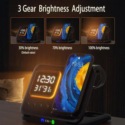 15W Wireless Chargers Stand 5 In1 LED Digital Alarm Clock Fast Charging Dock Station For iPhone 15 14 iWatch 8 SamsungS21 S20 
